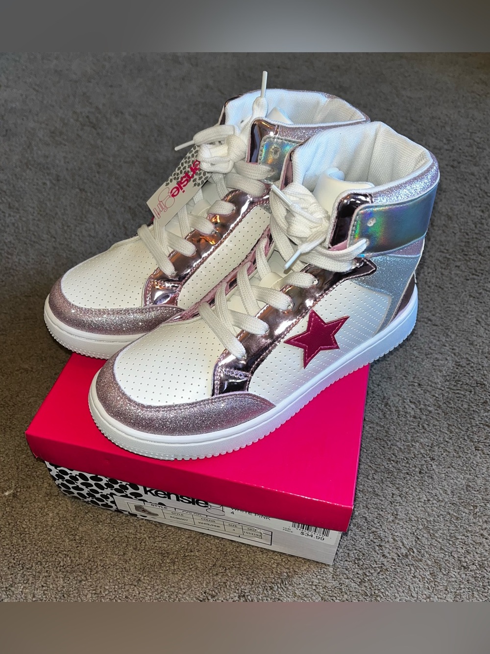 NEW in Box Kensie Girl Youth size 4 Holographic Sparkly High-Top Sneakers